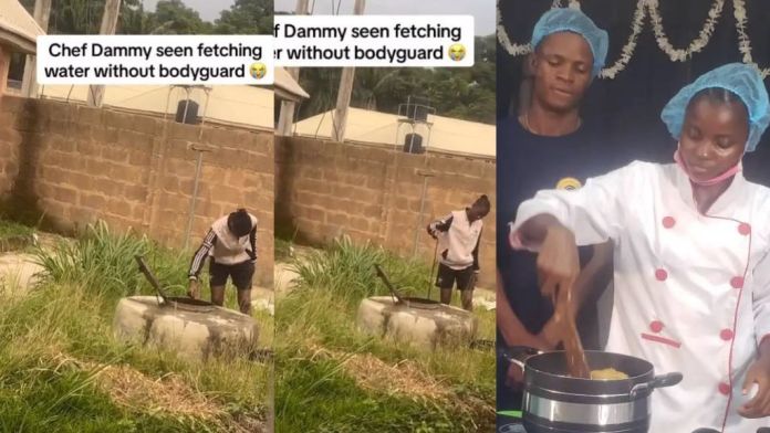 You are currently viewing “Life no balance” – Chef Dammy spotted fetching water without bodyguards (Video)