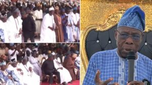Read more about the article JUST IN: Drama as Ex-president Obasanjo angrily orders Oyo monarchs to stand up and greet him (Video)