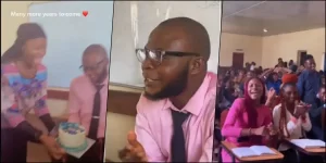 Read more about the article “Na person wey do well” – students surprise moody class rep on his birthday (Video)