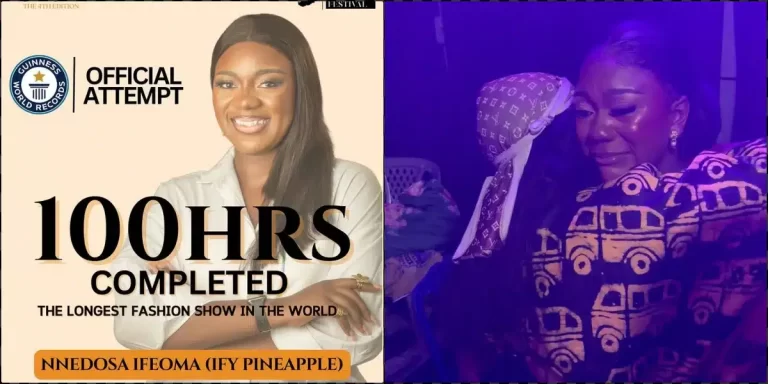 Guinness World Record: Nigerian lady weeps as she breaks record for longest fashion show (Video)